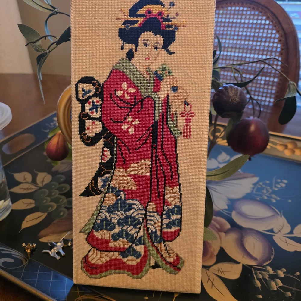 Embroidered Geisha Wall Art Panel in Red and Blue